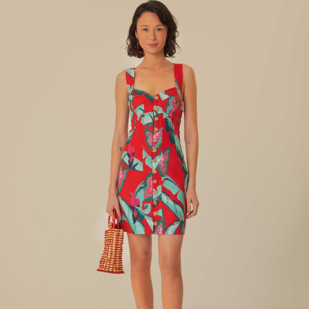 FARM Rio Red Tropical Print Mini Dress with Teal & Pink Accents